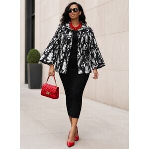e-col-o-gie Cropped Jacket Bell Sleeves Button Front Black White Cotton Blend S